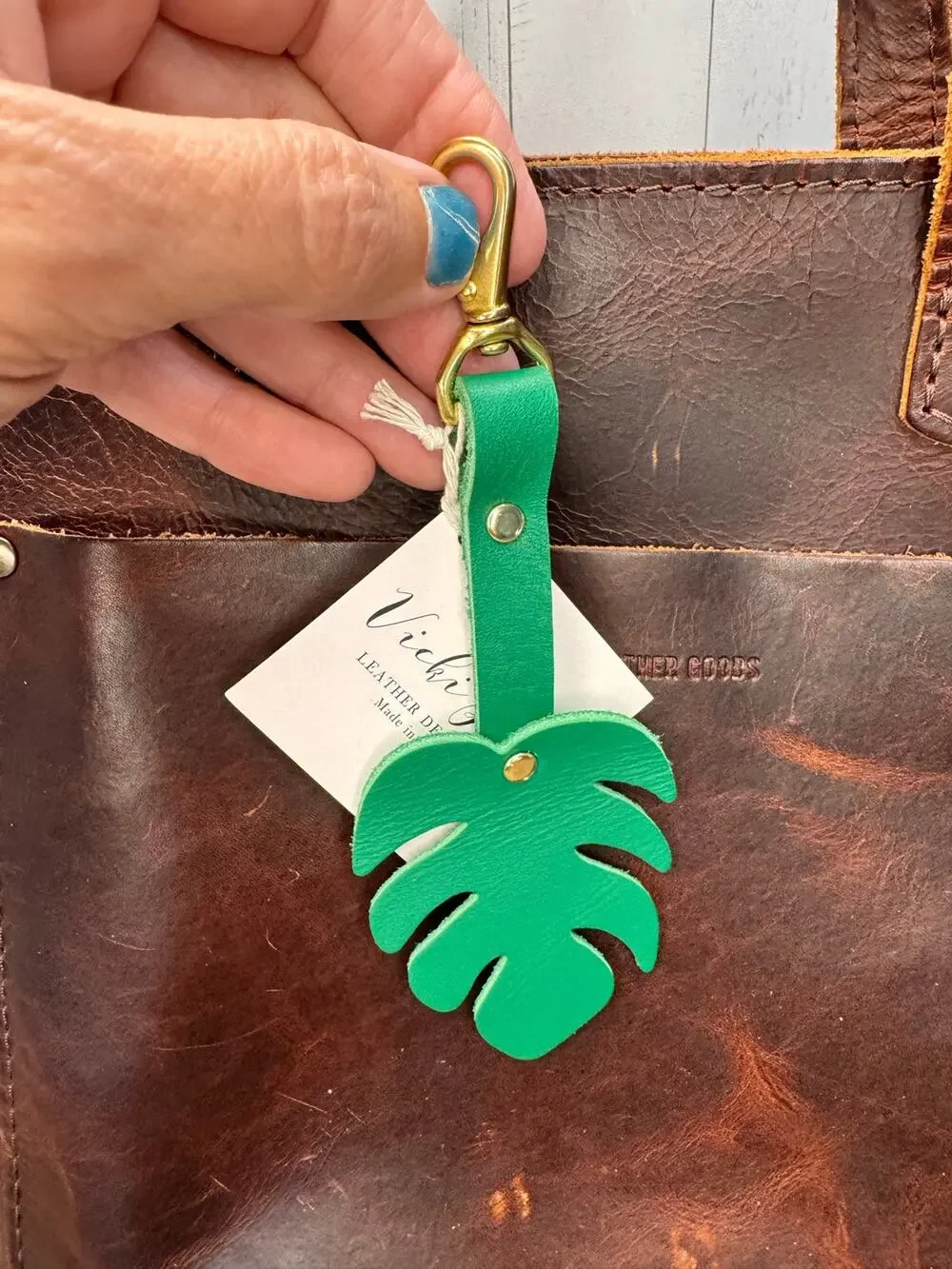 Monstera Leaf Green Leather Bag Charm Genuine Leather Purse Keychain FAST SHIP